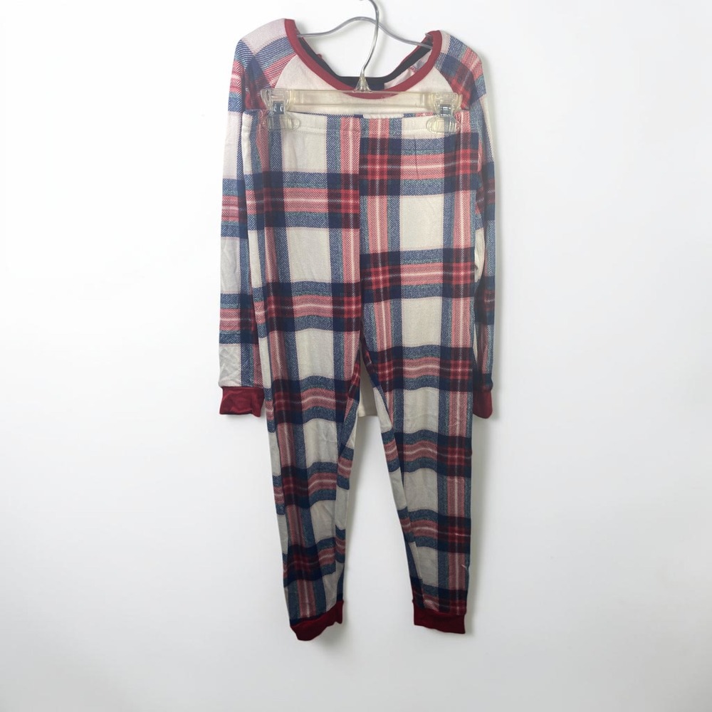PJ Essentials Boys Pajama Set Size 12 Red White Blue Plaid Waffle Knit Thermal